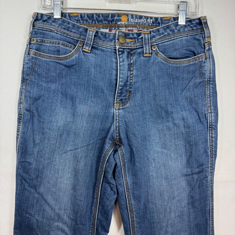 Carhartt Womens Flannel Lined Relaxed Fit Jeans Blue Plaid 8 Tall 100648 422